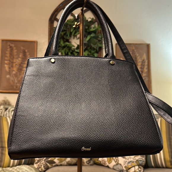 Crossi Like NEW Elegant Bow Black Classic Park Bow Leather Satchel Hand Purse - Picture 7 of 15